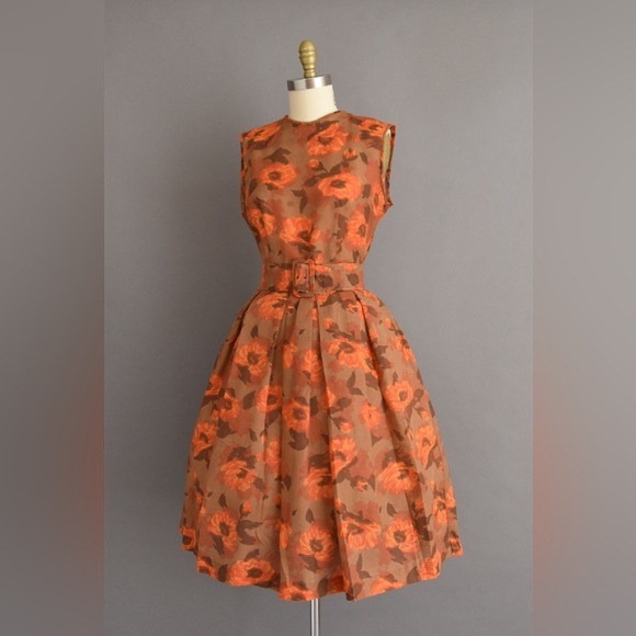 vintage 60s dress | Gorgeous Orange Floral Print Fall Full Skirt Dress - Picture 6 of 7